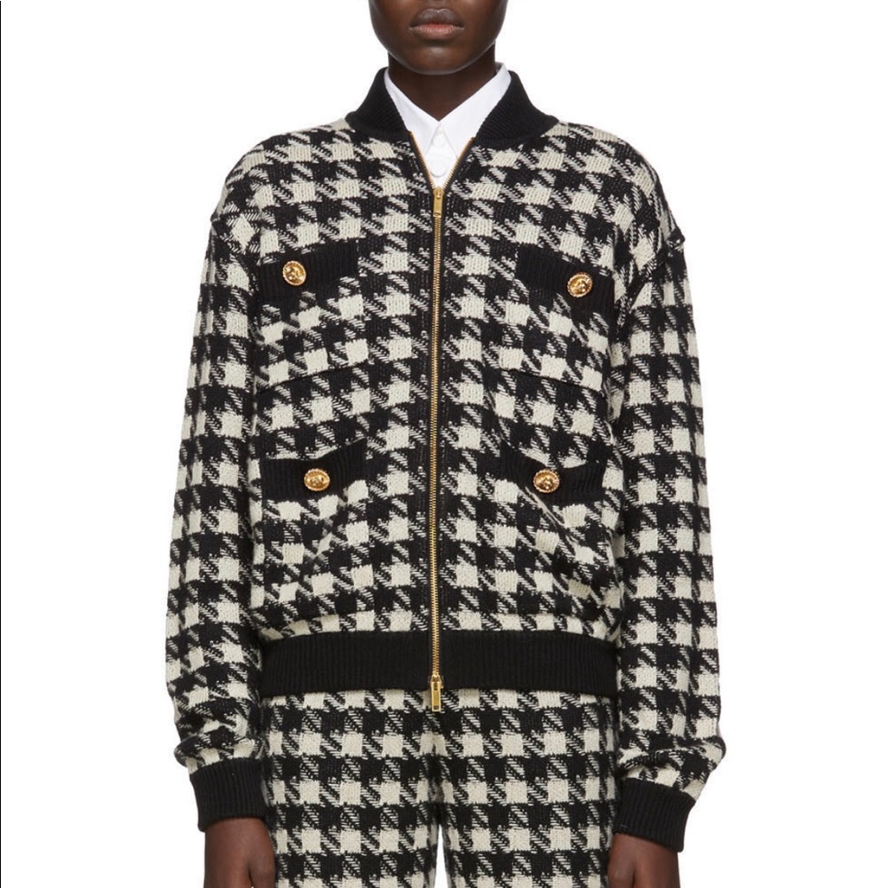 NWT authentic Gucci black off white houndstooth cashmere bomber cardigan Size XS